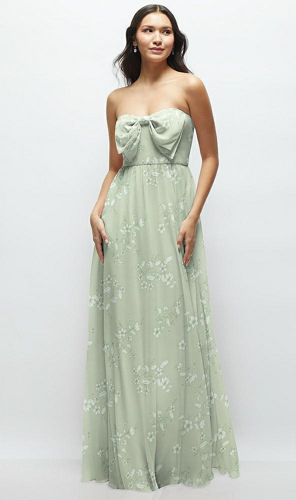 Front View - Vintage Primrose Sage Strapless Chiffon Maxi Dress with Oversized Bow Bodice