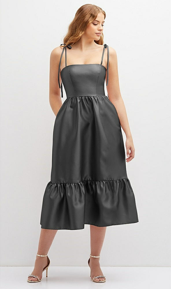 Front View - Gunmetal Shirred Ruffle Hem Midi Dress with Self-Tie Spaghetti Straps and Pockets