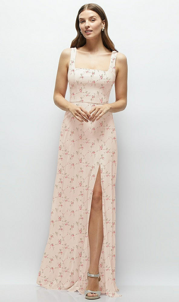 Front View - Coquette Floral Print Square Neck Chiffon Maxi Dress with Circle Skirt