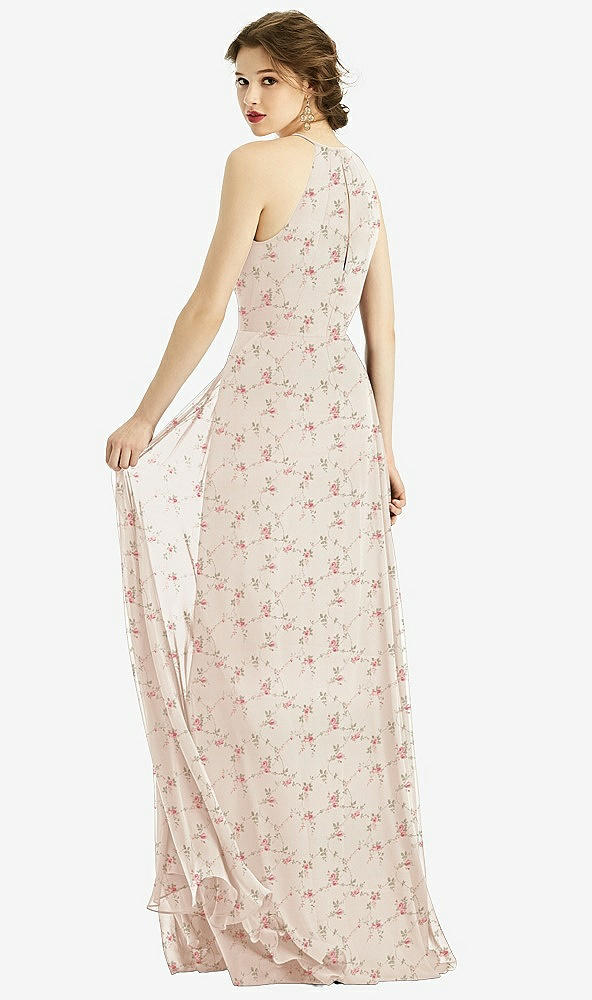 Back View - Coquette Floral Print Keyhole Halter Chiffon Maxi Dress