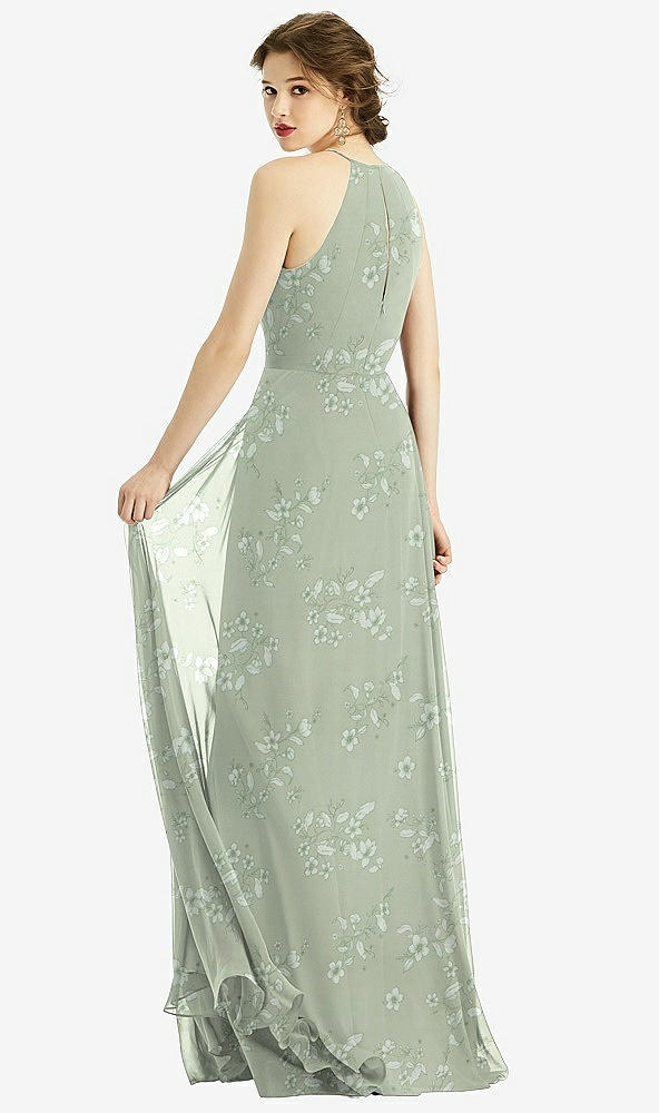 Back View - Vintage Primrose Sage Keyhole Halter Chiffon Maxi Dress