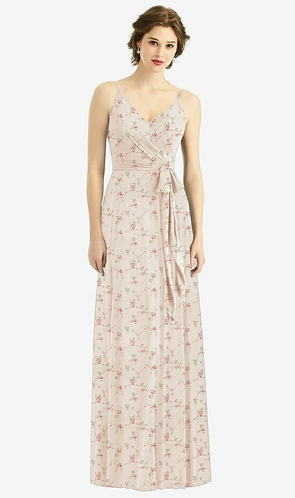 Front View - Coquette Floral Print Draped Wrap Chiffon Maxi Dress with Sash