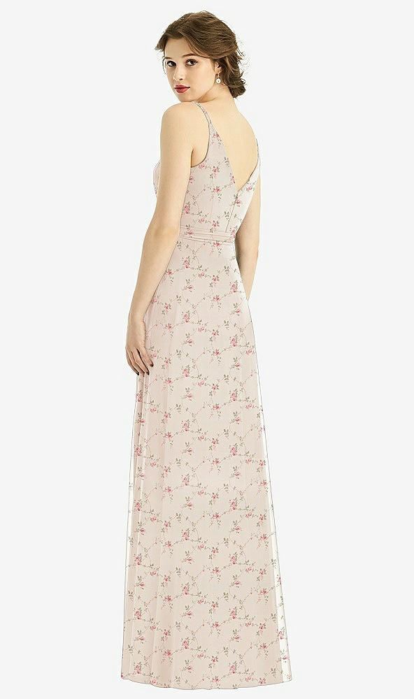 Back View - Coquette Floral Print Draped Wrap Chiffon Maxi Dress with Sash