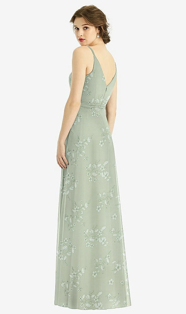 Back View - Vintage Primrose Sage Draped Wrap Chiffon Maxi Dress with Sash