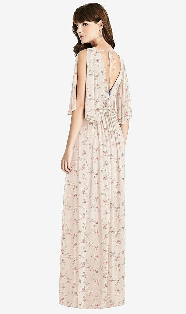 Back View - Coquette Floral Print Split Sleeve Backless Chiffon Maxi Dress