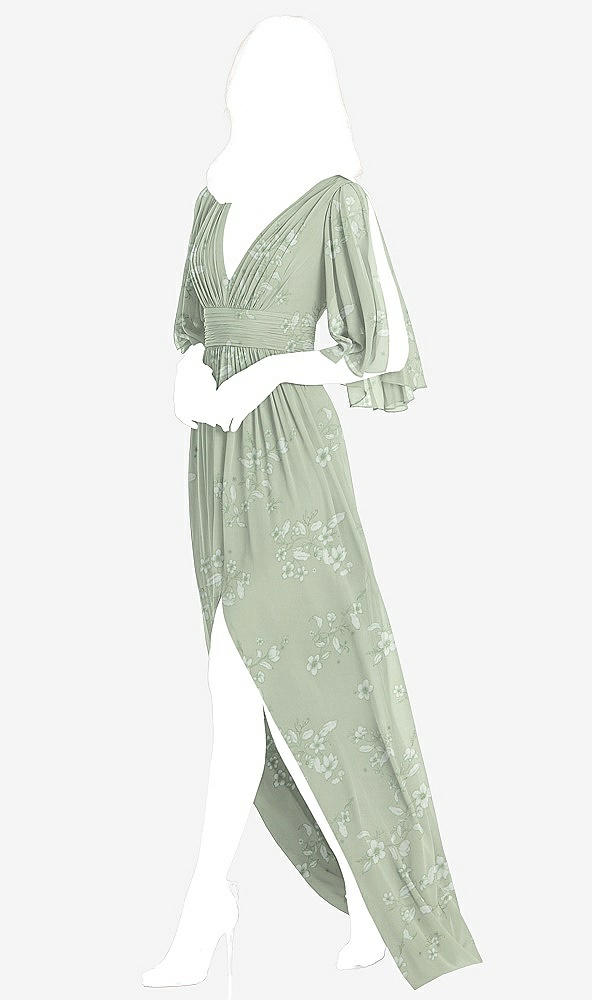 Front View - Vintage Primrose Sage Split Sleeve Backless Chiffon Maxi Dress