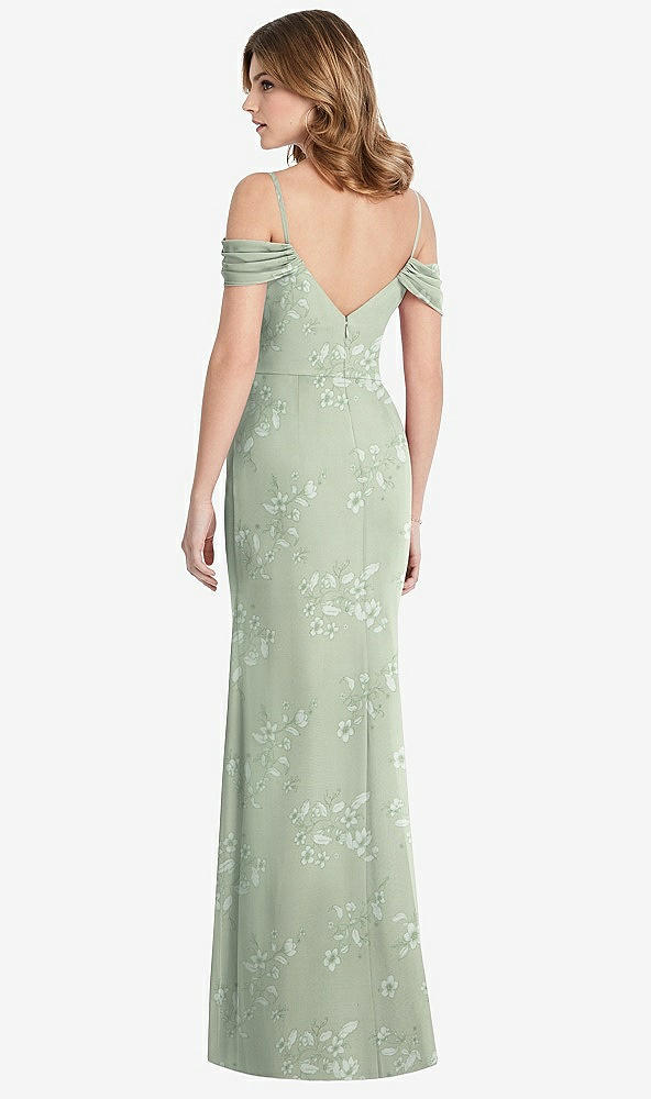 Back View - Vintage Primrose Sage Off-the-Shoulder Chiffon Trumpet Gown with Front Slit