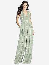 Front View Thumbnail - Vintage Primrose Sage V-Neck Backless Pleated Front Jumpsuit