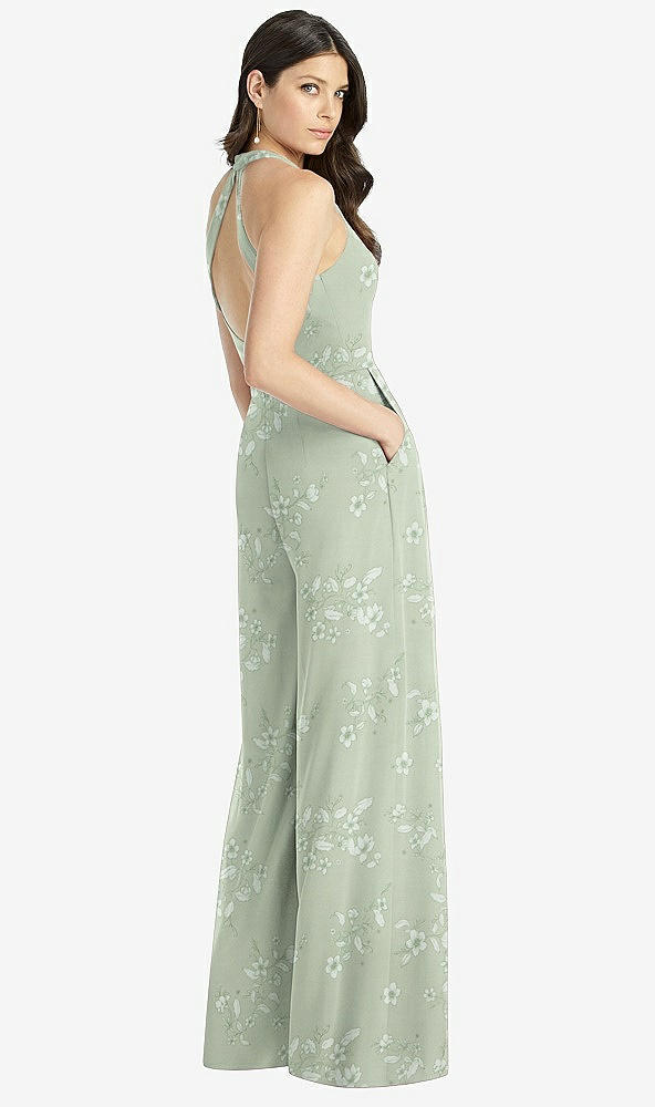 Back View - Vintage Primrose Sage V-Neck Backless Pleated Front Jumpsuit