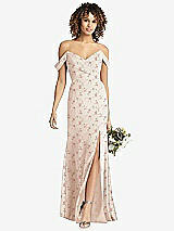 Front View Thumbnail - Coquette Floral Print Off-the-Shoulder Criss Cross Bodice Trumpet Gown