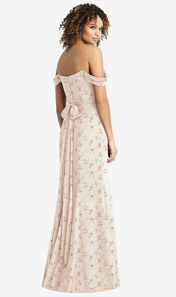 Back View - Coquette Floral Print Off-the-Shoulder Criss Cross Bodice Trumpet Gown