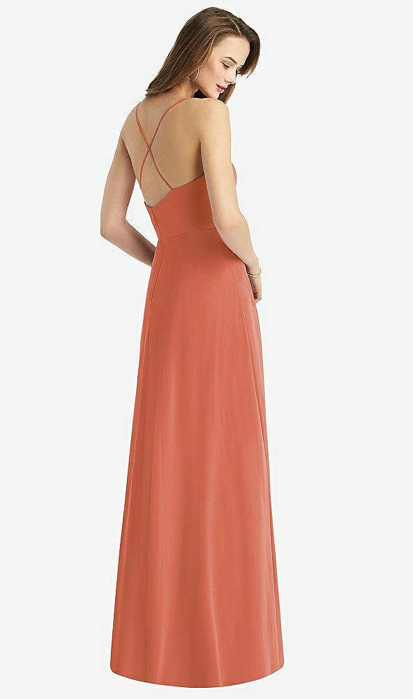 Back View - Terracotta Copper Cowl Neck Criss Cross Back Maxi Dress