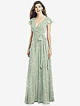 Front View Thumbnail - Vintage Primrose Sage Flutter Sleeve Faux Wrap Chiffon Dress