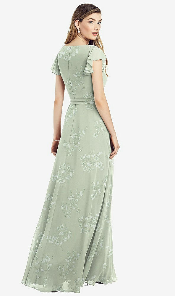 Back View - Vintage Primrose Sage Flutter Sleeve Faux Wrap Chiffon Dress