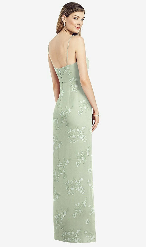 Back View - Vintage Primrose Sage Spaghetti Strap Draped Skirt Gown with Front Slit