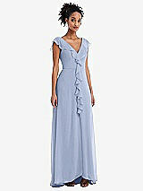 Front View Thumbnail - Sky Blue Ruffle-Trimmed V-Back Chiffon Maxi Dress