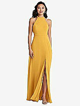 Rear View Thumbnail - NYC Yellow Stand Collar Halter Maxi Dress with Criss Cross Open-Back