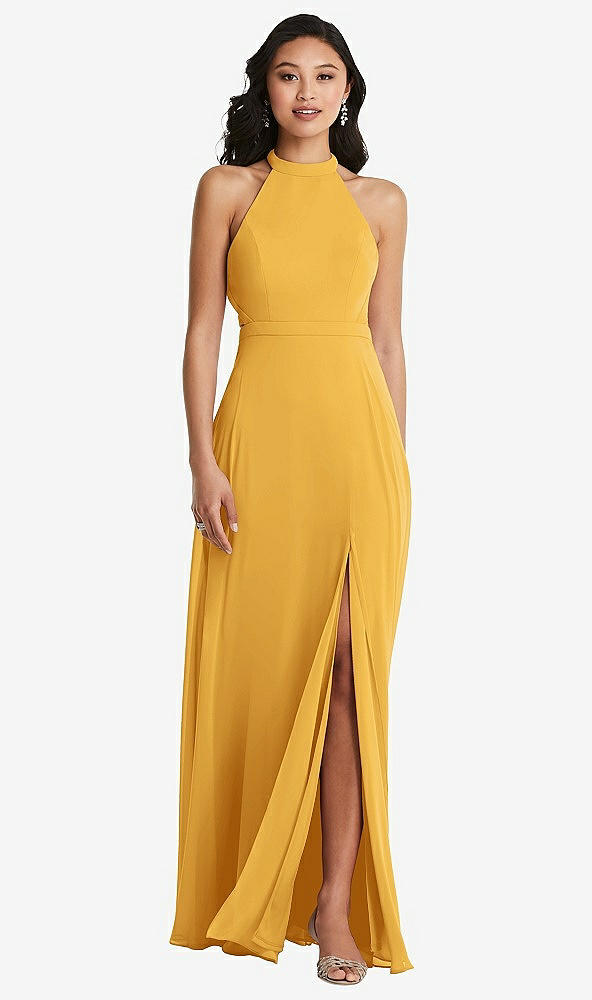 Back View - NYC Yellow Stand Collar Halter Maxi Dress with Criss Cross Open-Back