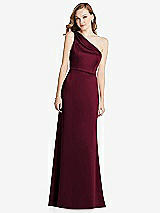 Front View Thumbnail - Cabernet Shirred One-Shoulder Satin Trumpet Dress - Maddie