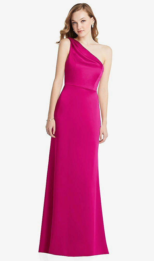 Front View - Think Pink Shirred One-Shoulder Satin Trumpet Dress - Maddie