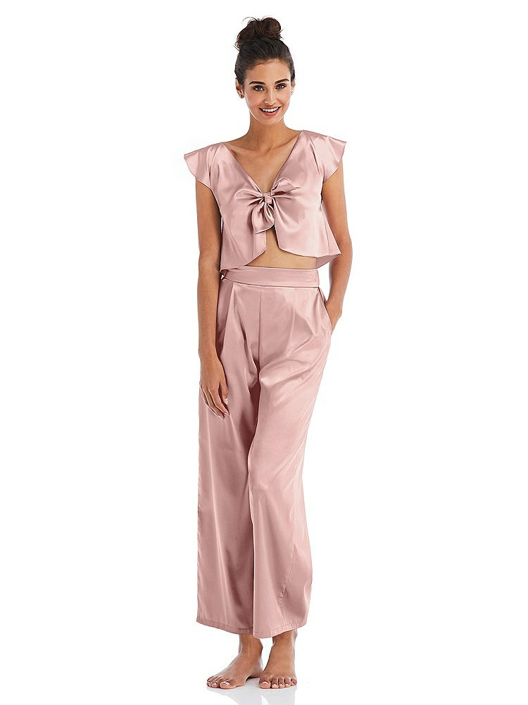 Front View - Rose - PANTONE Rose Quartz Satin Ankle Wide-Leg Lounge Pants - Vic