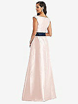 Rear View Thumbnail - Blush & Midnight Navy Off-the-Shoulder Draped Wrap Satin Maxi Dress