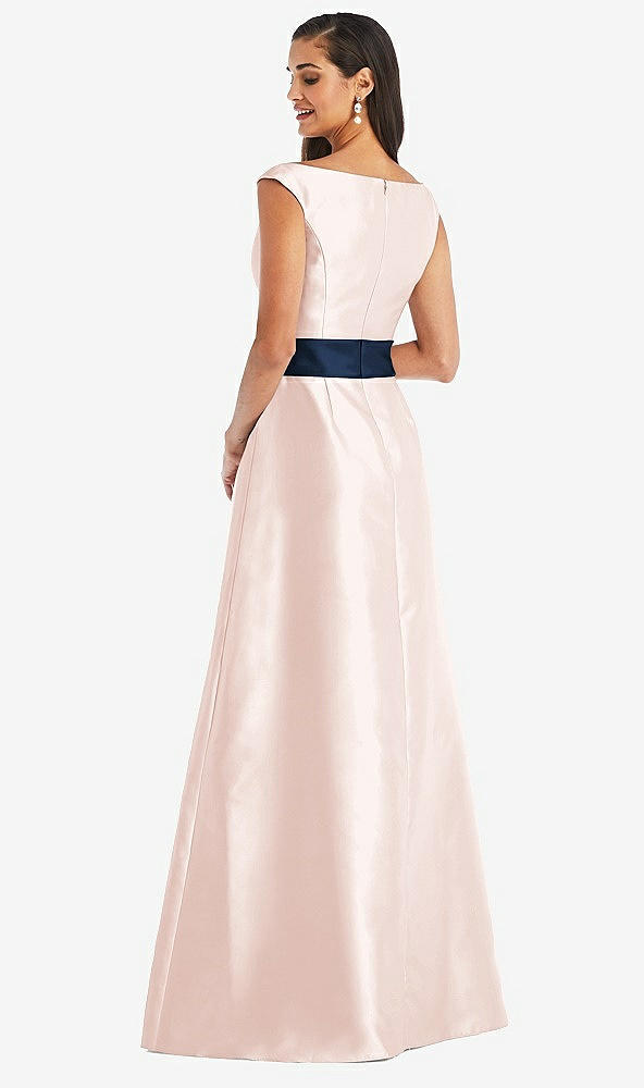 Back View - Blush & Midnight Navy Off-the-Shoulder Draped Wrap Satin Maxi Dress