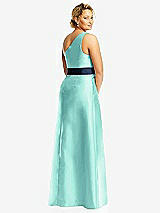 Rear View Thumbnail - Coastal & Midnight Navy Draped One-Shoulder Satin Maxi Dress with Pockets