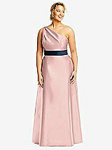 Front View Thumbnail - Rose - PANTONE Rose Quartz & Midnight Navy Draped One-Shoulder Satin Maxi Dress with Pockets