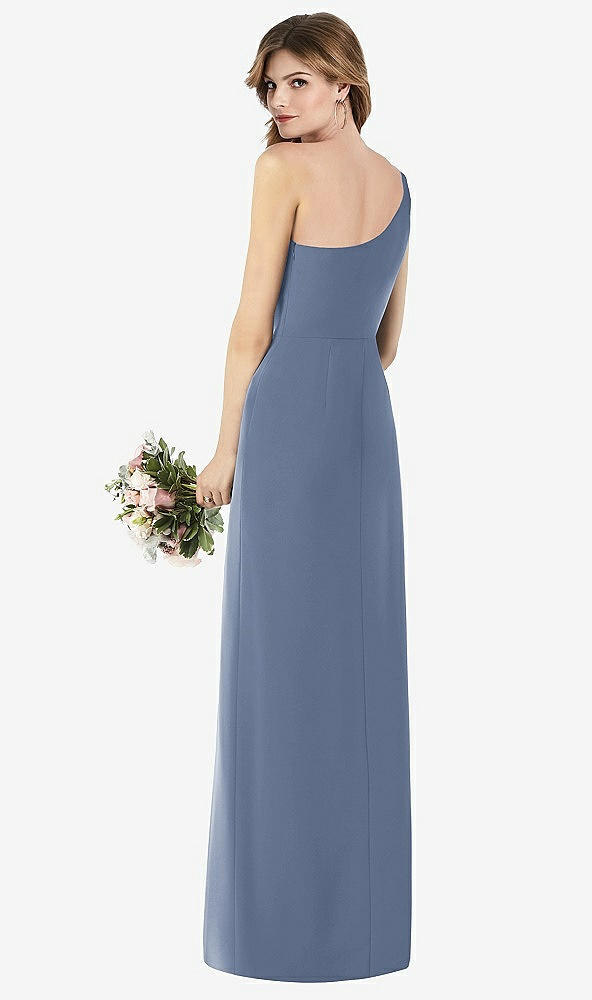 Back View - Larkspur Blue One-Shoulder Crepe Trumpet Gown with Front Slit