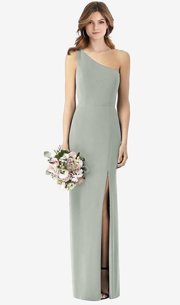 One shoulder Crepe Trumpet Bridesmaid Dress With Front Slit In Willow Green The Dessy Group