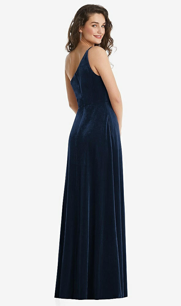 Back View - Midnight Navy One-Shoulder Spaghetti Strap Velvet Maxi Dress with Pockets