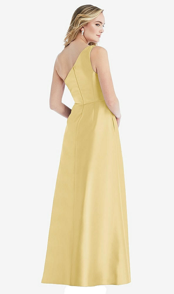 Back View - Maize Pleated Draped One-Shoulder Satin Maxi Dress with Pockets