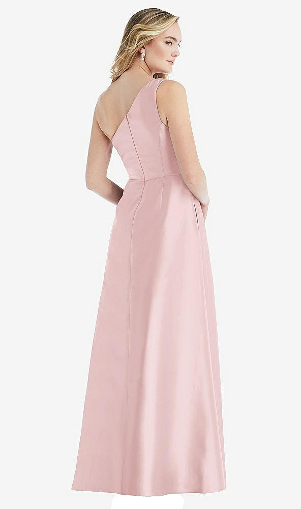 Back View - Ballet Pink Pleated Draped One-Shoulder Satin Maxi Dress with Pockets