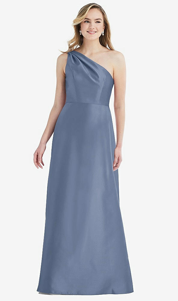 Front View - Larkspur Blue Pleated Draped One-Shoulder Satin Maxi Dress with Pockets