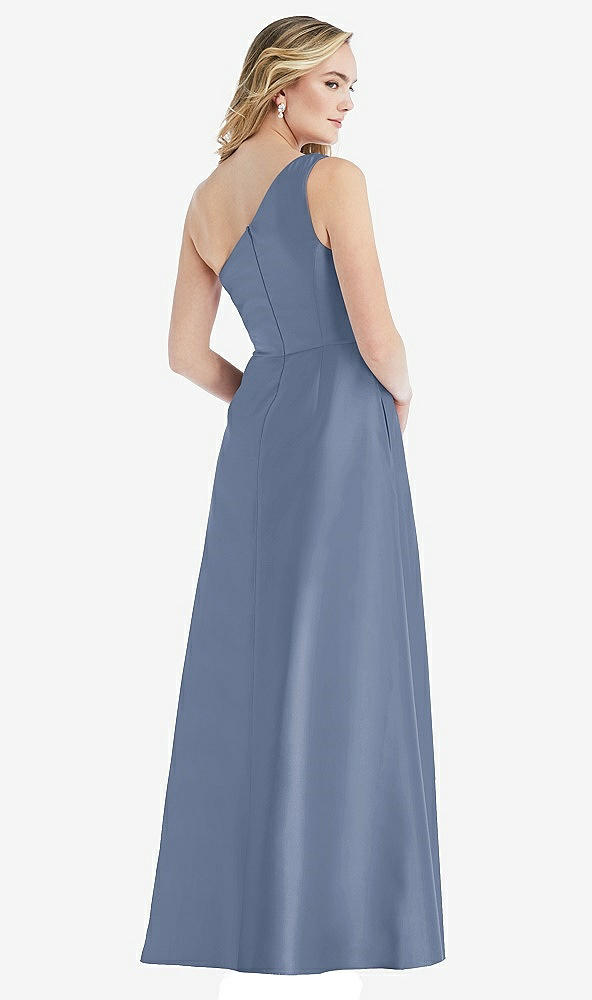 Back View - Larkspur Blue Pleated Draped One-Shoulder Satin Maxi Dress with Pockets