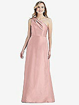 Front View Thumbnail - Rose - PANTONE Rose Quartz Pleated Draped One-Shoulder Satin Maxi Dress with Pockets