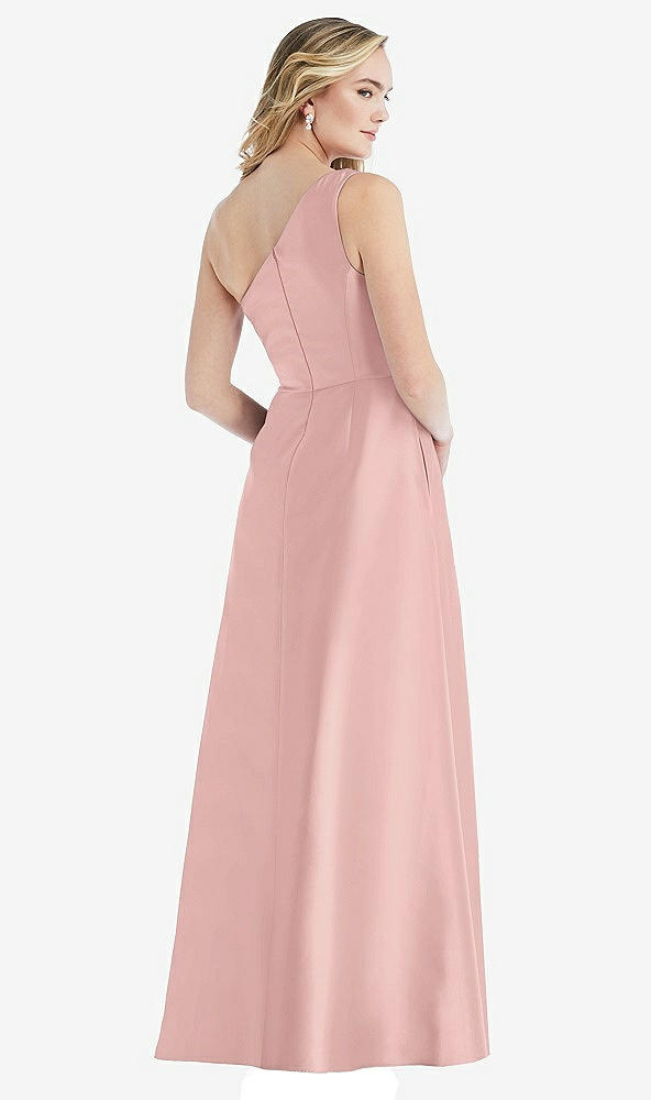 Back View - Rose - PANTONE Rose Quartz Pleated Draped One-Shoulder Satin Maxi Dress with Pockets