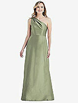 Front View Thumbnail - Sage Pleated Draped One-Shoulder Satin Maxi Dress with Pockets