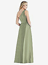 Rear View Thumbnail - Sage Pleated Draped One-Shoulder Satin Maxi Dress with Pockets