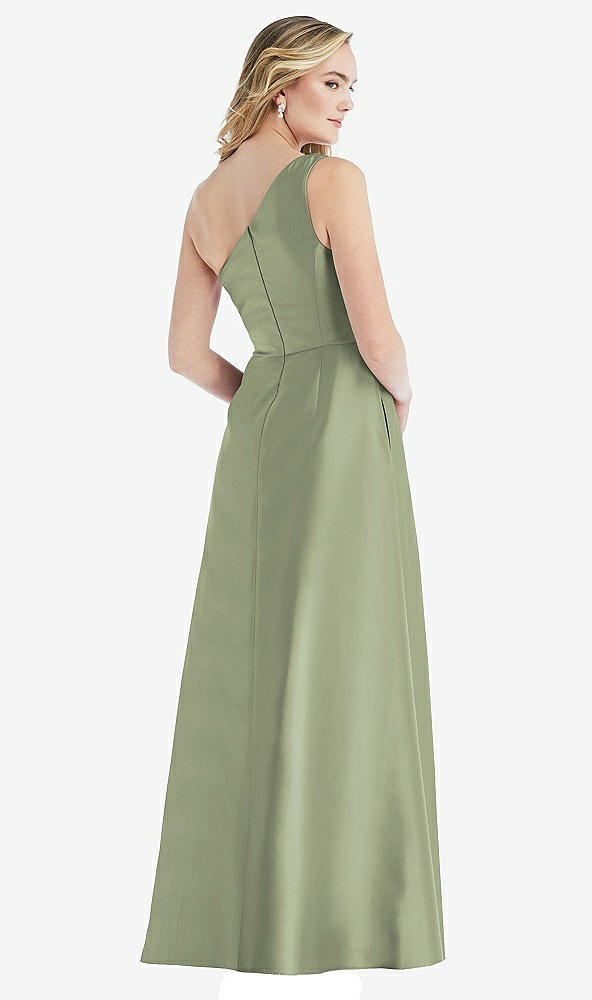 Back View - Sage Pleated Draped One-Shoulder Satin Maxi Dress with Pockets