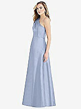 Side View Thumbnail - Sky Blue Pleated Draped One-Shoulder Satin Maxi Dress with Pockets