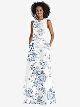 Front View Thumbnail - Cottage Rose Larkspur Jewel Neck Asymmetrical Shirred Bodice Floral Satin Maxi Dress