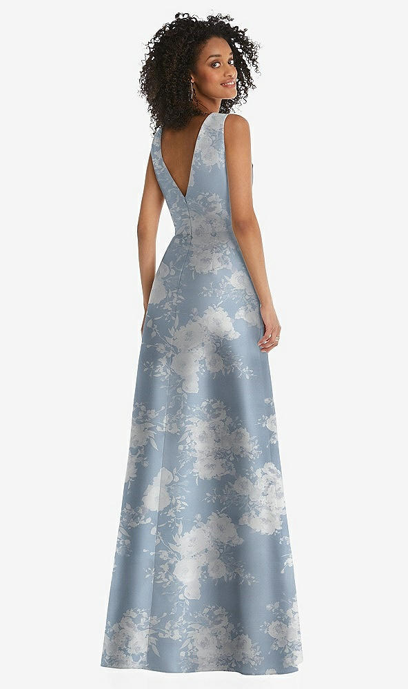 Back View - Porcelain Blue Seraphina Floral Jewel Neck Asymmetrical Shirred Bodice Floral Satin Maxi Dress