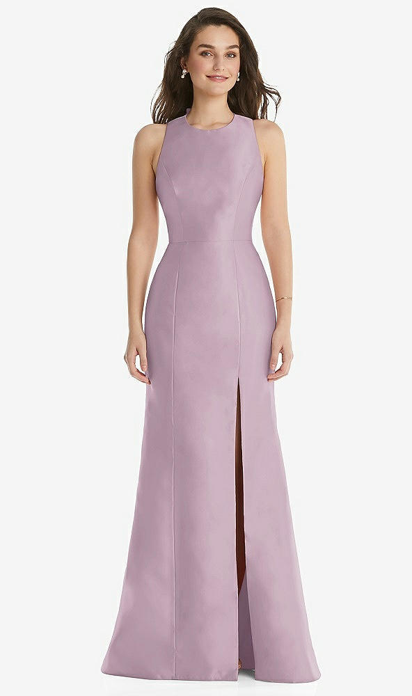 Front View - Suede Rose Jewel Neck Bowed Open-Back Trumpet Dress with Front Slit