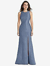 Front View Thumbnail - Larkspur Blue Jewel Neck Bowed Open-Back Trumpet Dress with Front Slit