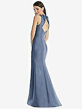 Rear View Thumbnail - Larkspur Blue Jewel Neck Bowed Open-Back Trumpet Dress with Front Slit