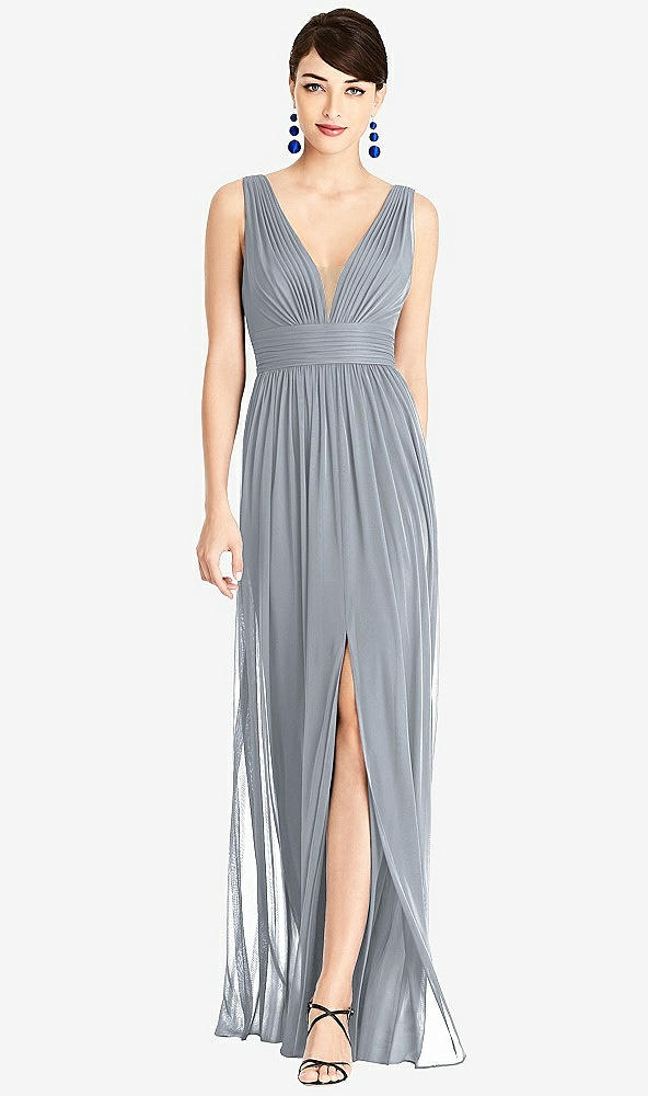 Front View - Platinum & Light Nude Illusion Plunge Neck Shirred Maxi Dress