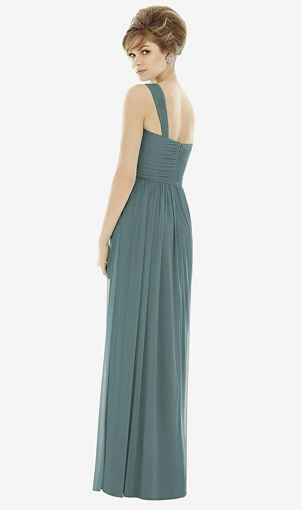 Back View - Smoke Blue One-Shoulder Asymmetrical Draped Wrap Maxi Dress