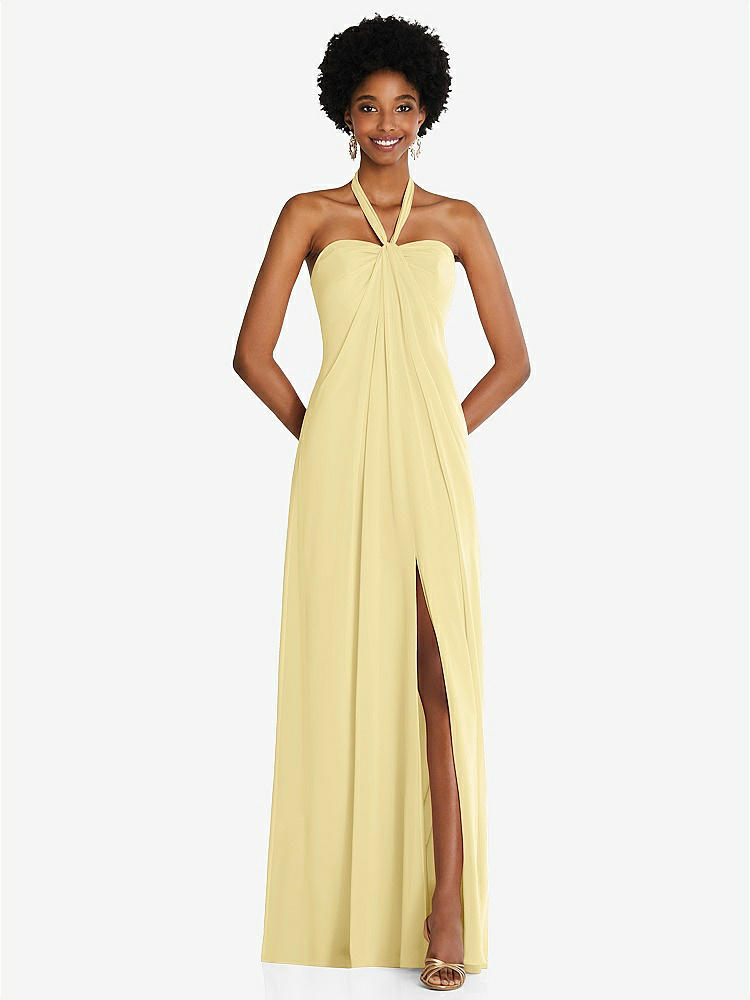 Draped Satin Grecian Column Bridesmaid Dress With Convertible Straps In Pale Yellow The Dessy Group